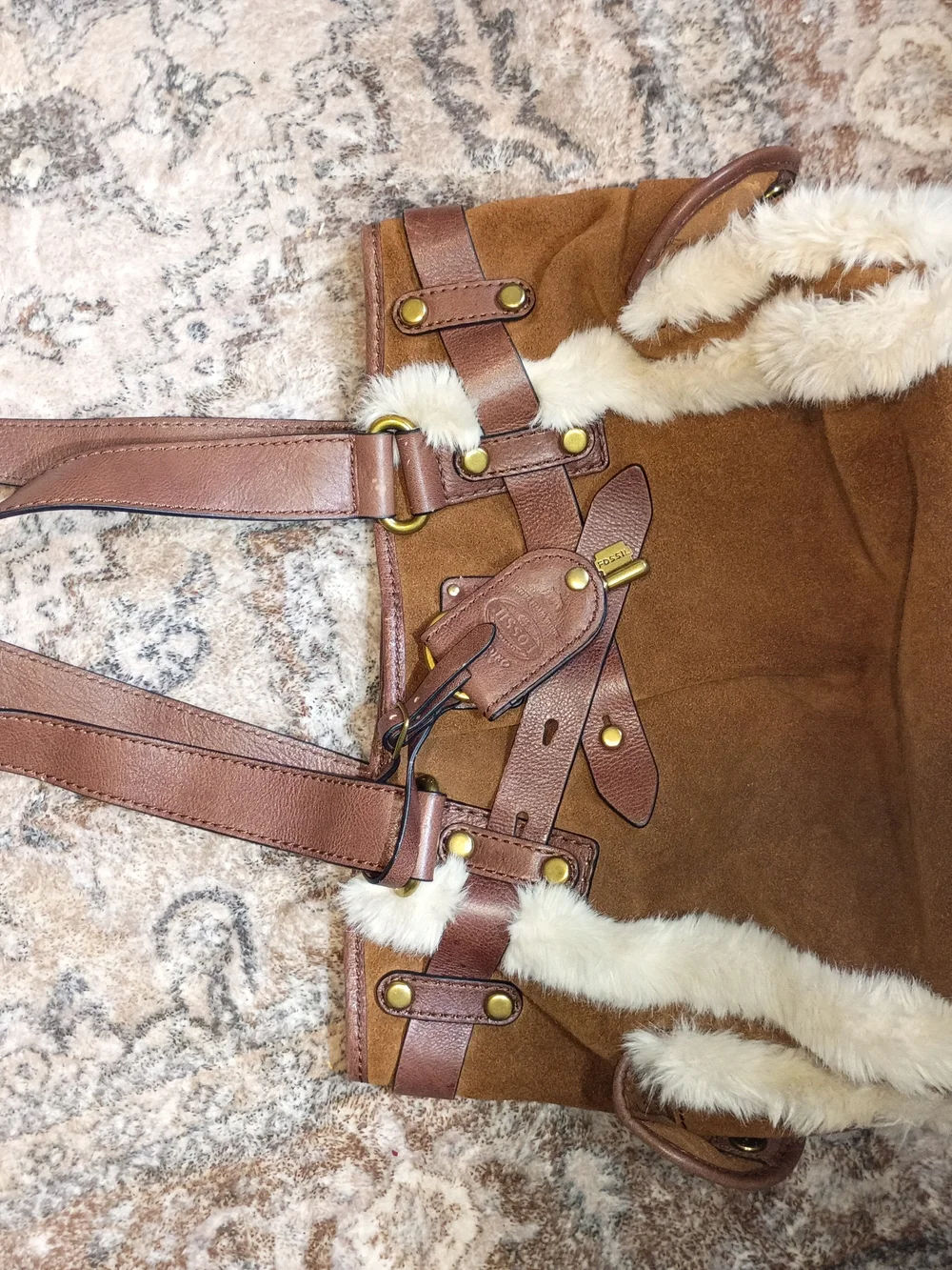 Fossil Long Live Adrina - Brown Cow Hide & Leather Tote with Faux Fur Trim - Picture 3 of 11